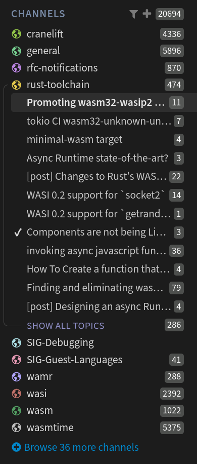 A screenshot of the bytecode alliance zulip, showing threads nested inside channels.